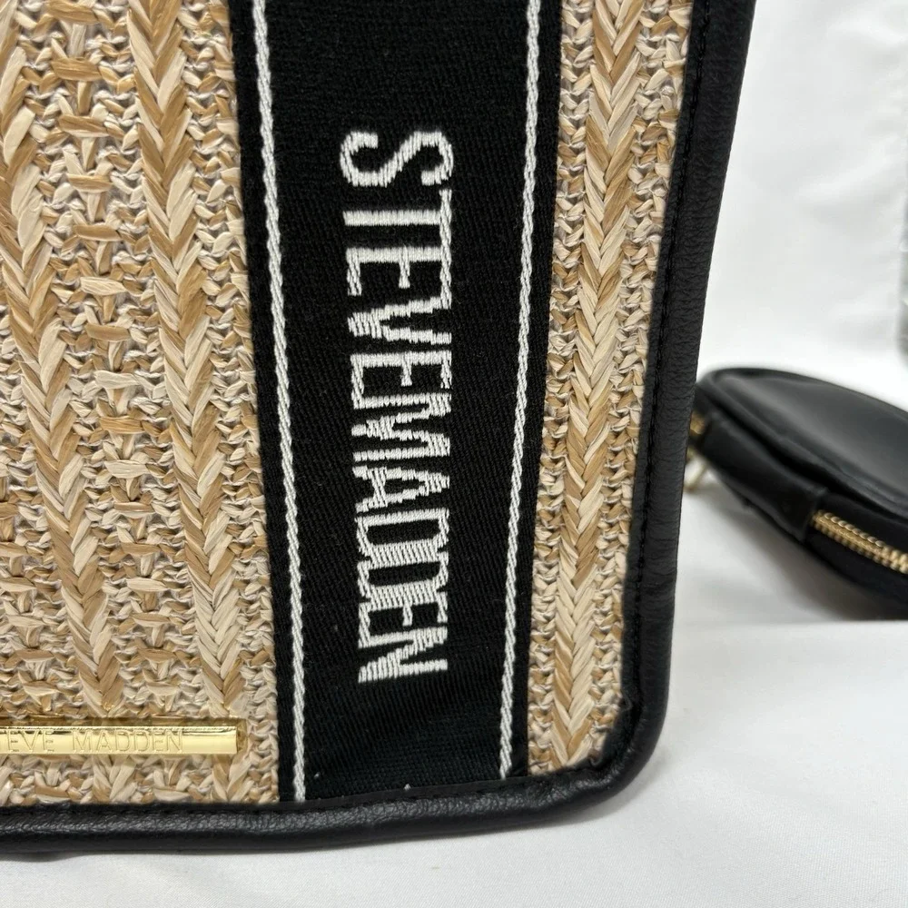 Steve Madden Womens Black Bwebber Straw Satchel Crossbody Purse Bag Earbud Case‎